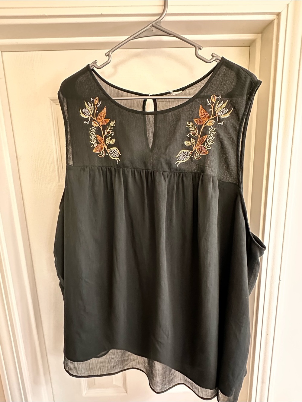 Sleeveless Black Embroidered Yoke Women's Top